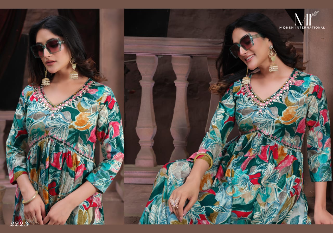 Alia Vol 1 By Moksh Printed Rayon Alia Cut Kurti With Bottom Dupatta
